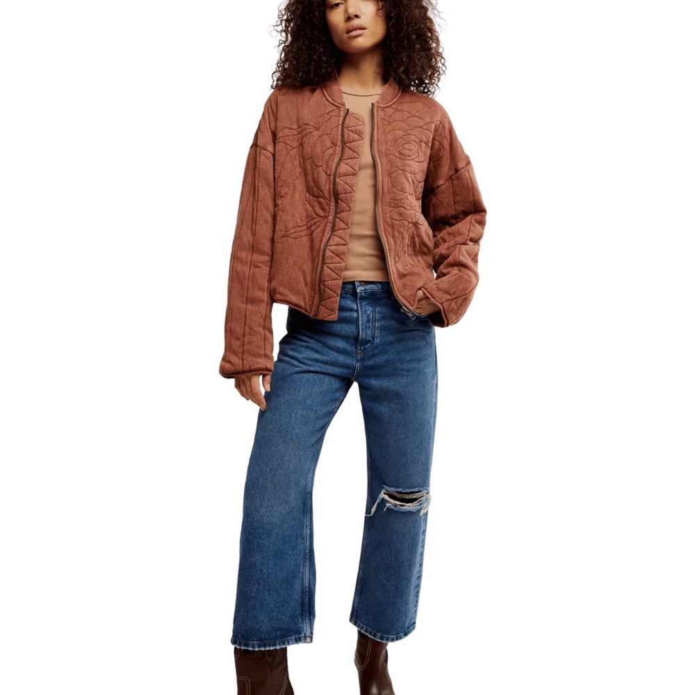 $385 FREE PEOPLE Rose Brown Quilted Sweatshirt Cinammon Bomber Jacket S - Picture 11 of 11